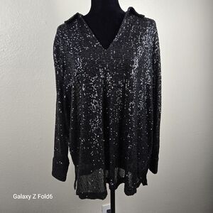 F&F Black Sequin Top Long Sleeve V-Neck Party Blouse  Women’s Holiday Event Bday